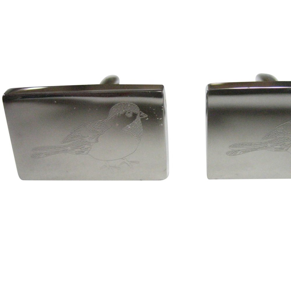 Silver Toned Rectangular Etched Chickadee Bird Cu… - image 1